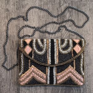 Boutique Art Deco Beaded Crossbody Bag Or Clutch - Black and Pink